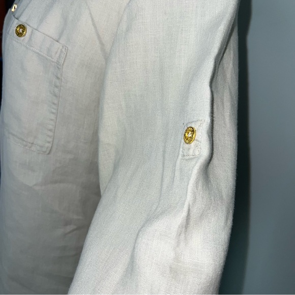 Company Ellen Tracy Linen Blouse Women’s Large Sand Zip Front Roll Sleeve Top - Picture 4 of 13